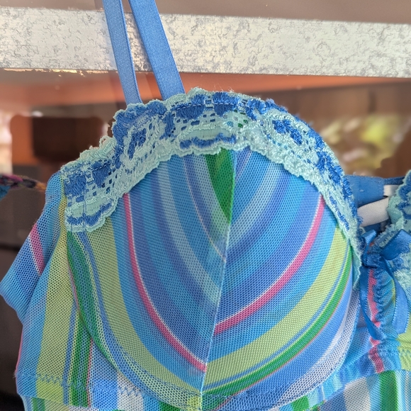 Vintage Y2k Fairy Rampage Medium Slip Striped Bustier Blue Green Chemise - Picture 5 of 13